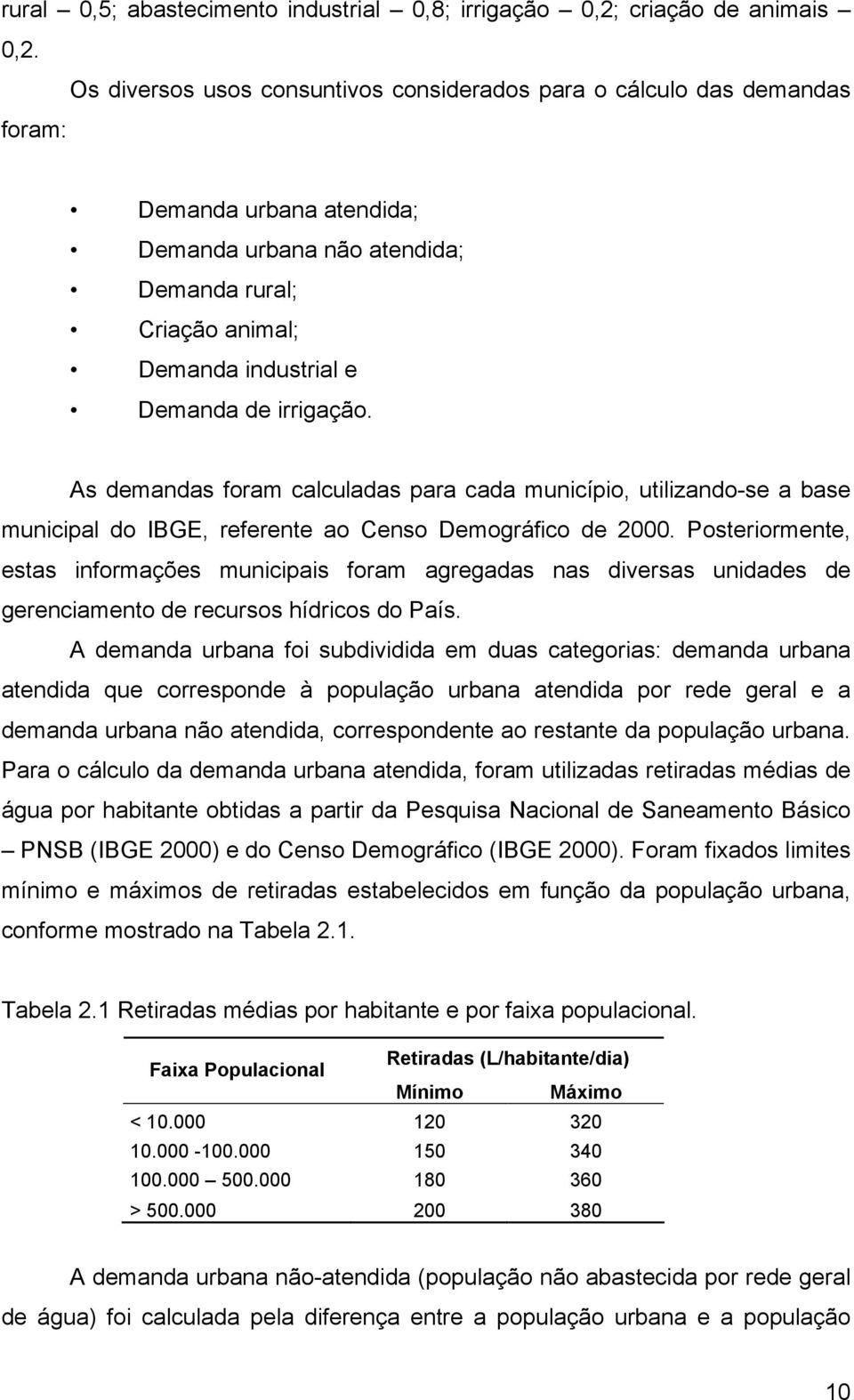 irrigação. As demandas foram calculadas para cada município, utilizando-se a base municipal do IBGE, referente ao Censo Demográfico de 2000.