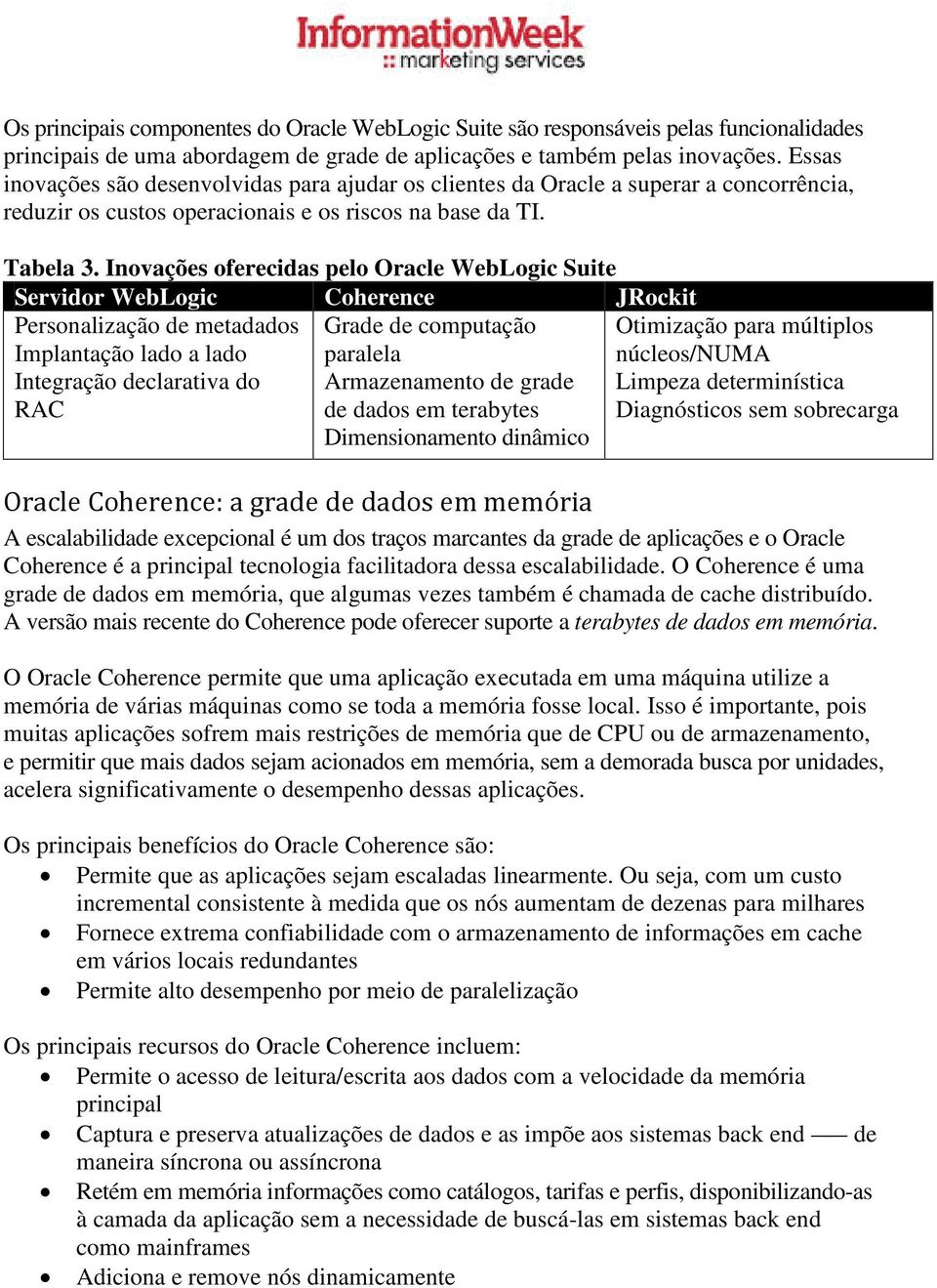 Inovações oferecidas pelo Oracle WebLogic Suite Servidor WebLogic Coherence JRockit Personalização de metadados Implantação lado a lado Integração declarativa do RAC Grade de computação paralela