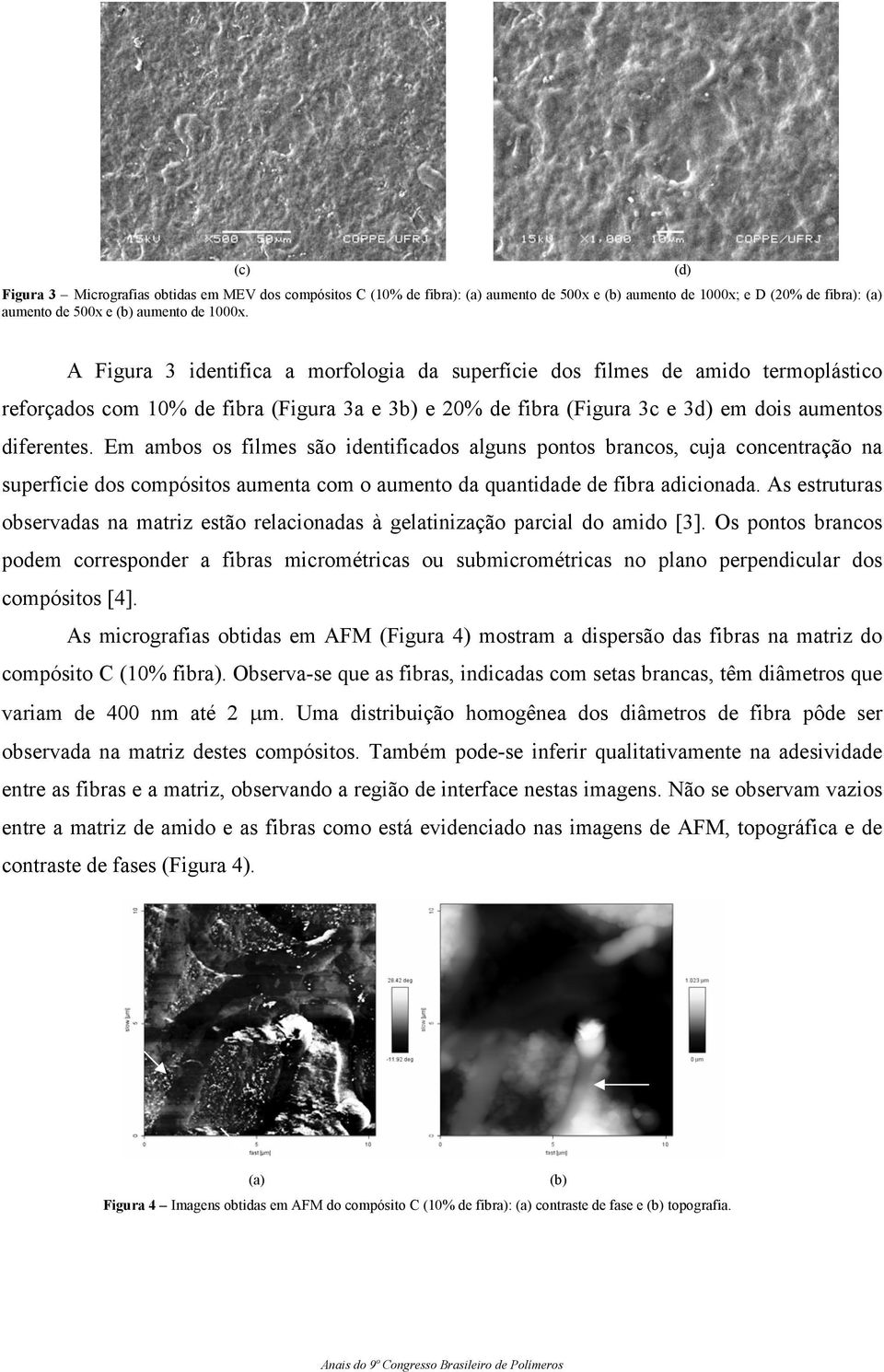 Em ambos os filmes são identificados alguns pontos brancos, cuja concentração na superfície dos compósitos aumenta com o aumento da quantidade de fibra adicionada.