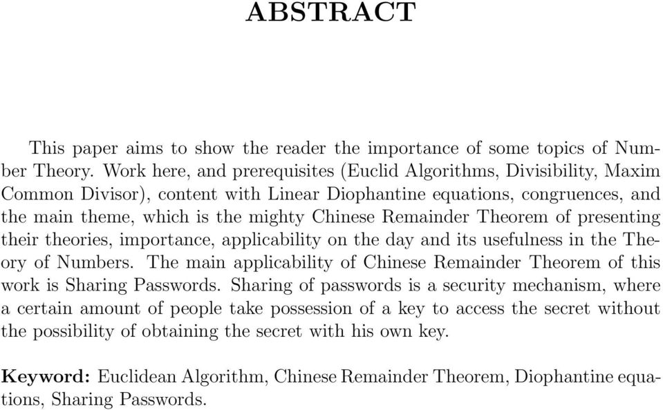 Remainder Theorem of presenting their theories, importance, applicability on the day and its usefulness in the Theory of Numbers.