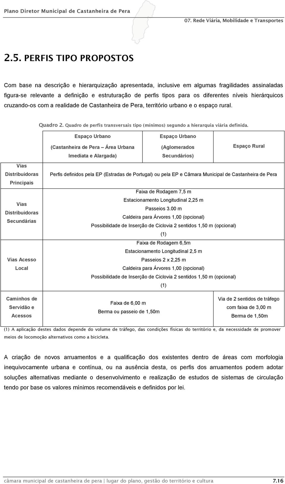 Quadro de perfis transversais tipo (mínimos) segundo a hierarquia viária definida.