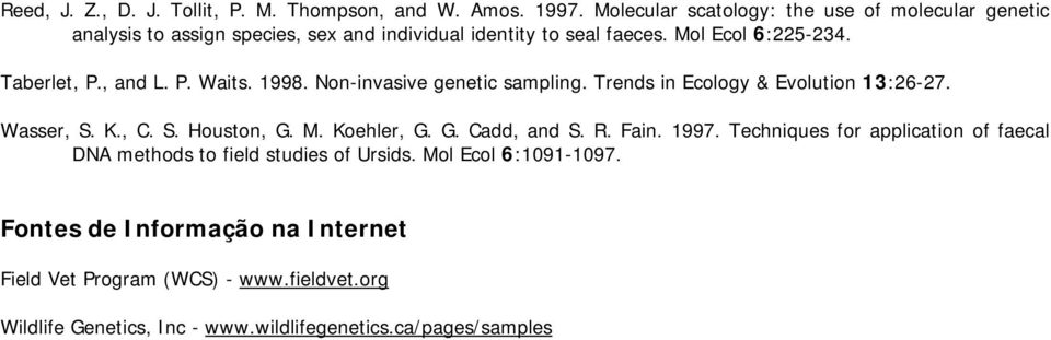 , and L. P. Waits. 1998. Non-invasive genetic sampling. Trends in Ecology & Evolution 13:26-27. Wasser, S. K., C. S. Houston, G. M. Koehler, G. G. Cadd, and S.
