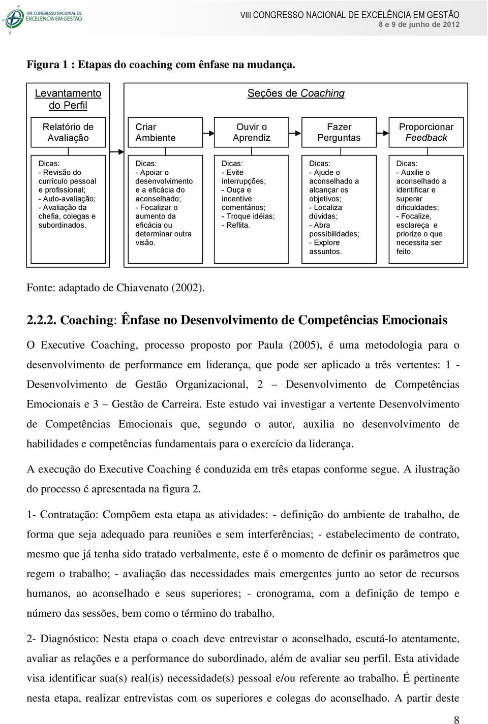 Auto-avaliação; - Avaliação da chefia, colegas e subordinados. Dicas: - Apoiar o desenvolvimento e a eficácia do aconselhado; - Focalizar o aumento da eficácia ou determinar outra visão.