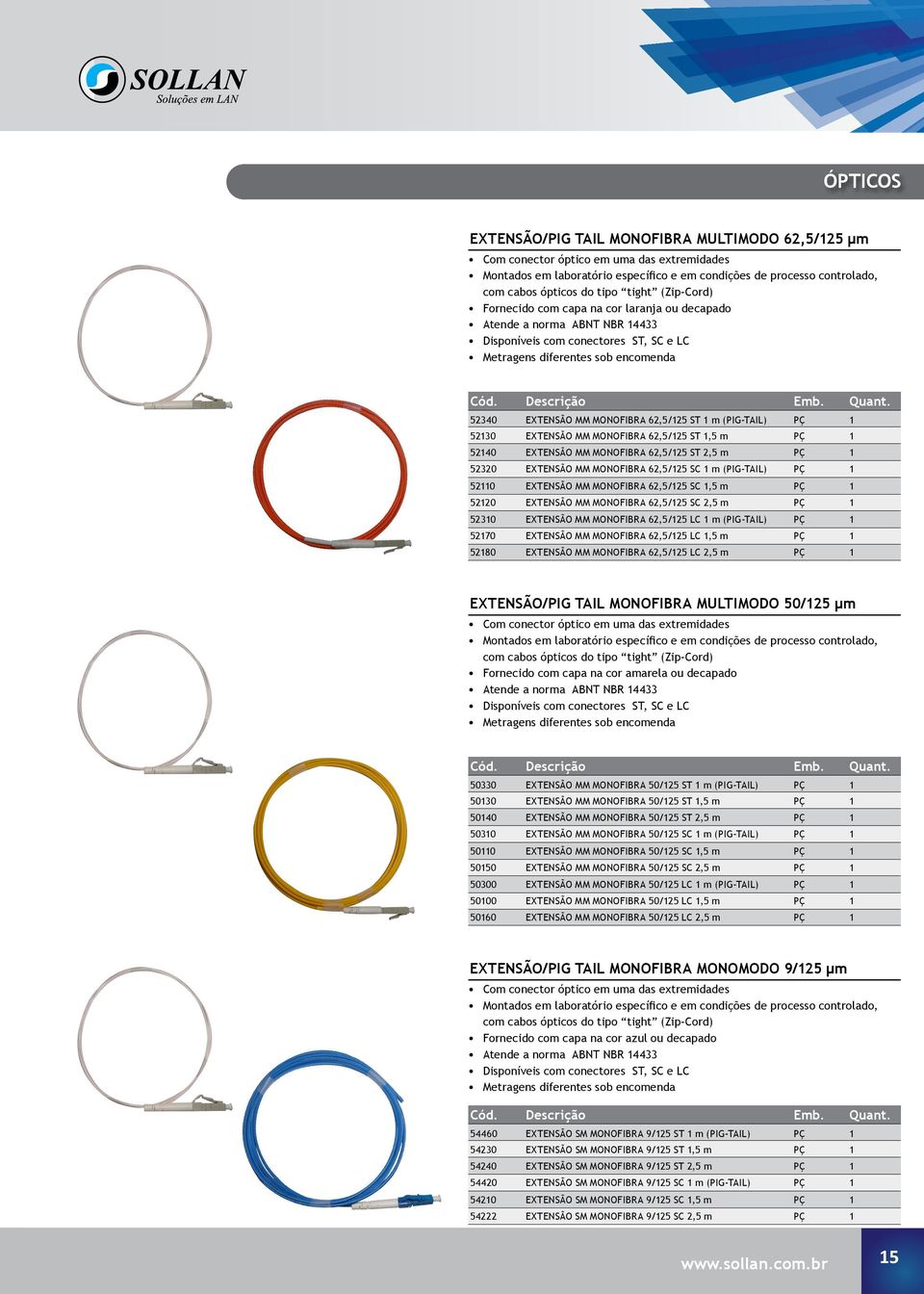 62,5/125 ST 1 m (PIG-TAIL) PÇ 1 52130 EXTENSÃO MM MONOFIBRA 62,5/125 ST 1,5 m PÇ 1 52140 EXTENSÃO MM MONOFIBRA 62,5/125 ST 2,5 m PÇ 1 52320 EXTENSÃO MM MONOFIBRA 62,5/125 SC 1 m (PIG-TAIL) PÇ 1 52110