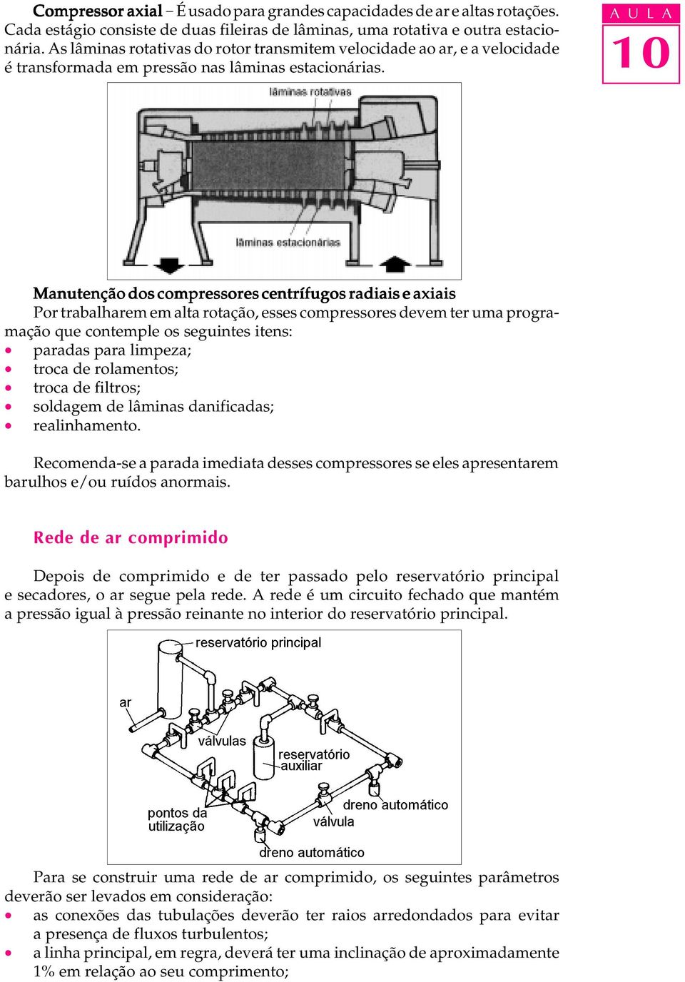 A U L A Manutenção dos compressores centrífugos radiais e axiais Por trabalharem em alta rotação, esses compressores devem ter uma programação que contemple os seguintes itens: paradas para limpeza;