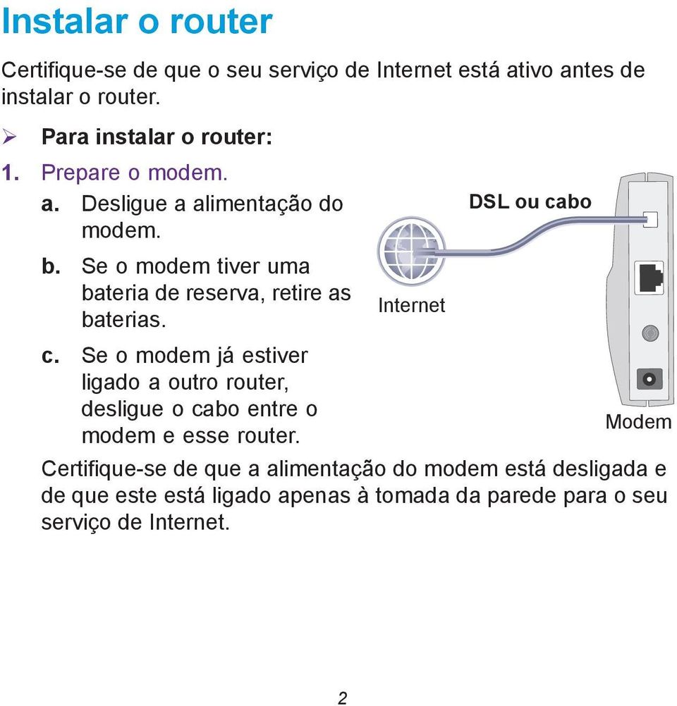 Se o modem tiver uma bateria de reserva, retire as baterias. Internet c.