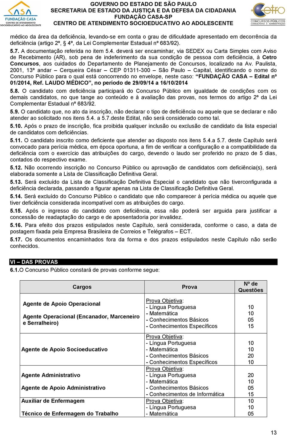 deverá ser encaminhar, via SEDEX ou Carta Simples com Aviso de Recebimento (AR), sob pena de indeferimento da sua condição de pessoa com deficiência, à Cetro Concursos, aos cuidados do Departamento