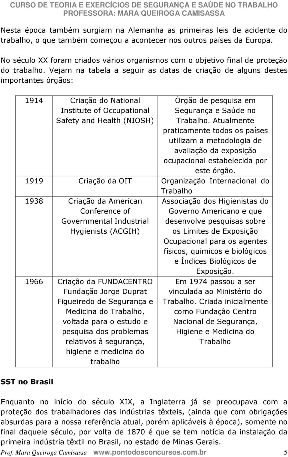 Vejam na tabela a seguir as datas de criação de alguns destes importantes órgãos: 1914 Criação do National Institute of Occupational Safety and Health (NIOSH) Órgão de pesquisa em Segurança e Saúde