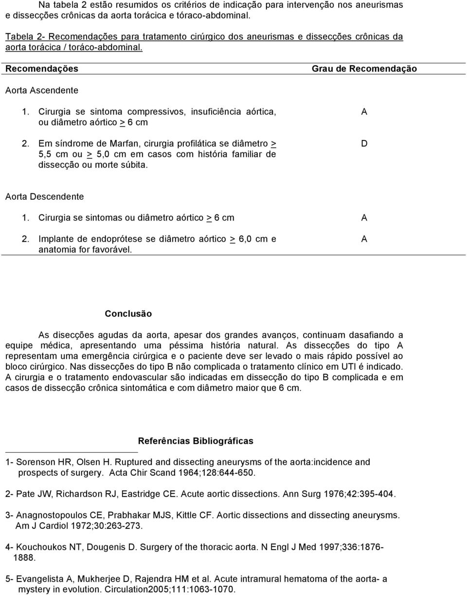 Cirurgia se sintoma compressivos, insuficiência aórtica, ou diâmetro aórtico > 6 cm 2.