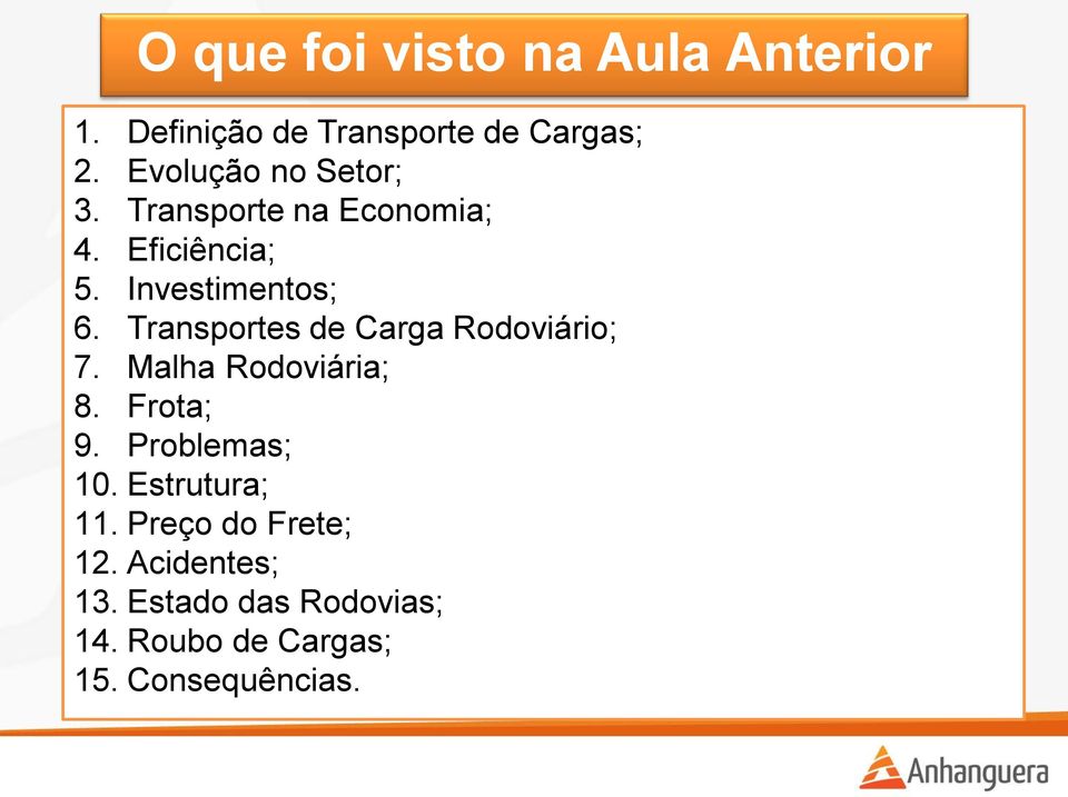 Transportes de Carga Rodoviário; 7. Malha Rodoviária; 8. Frota; 9. Problemas; 10.