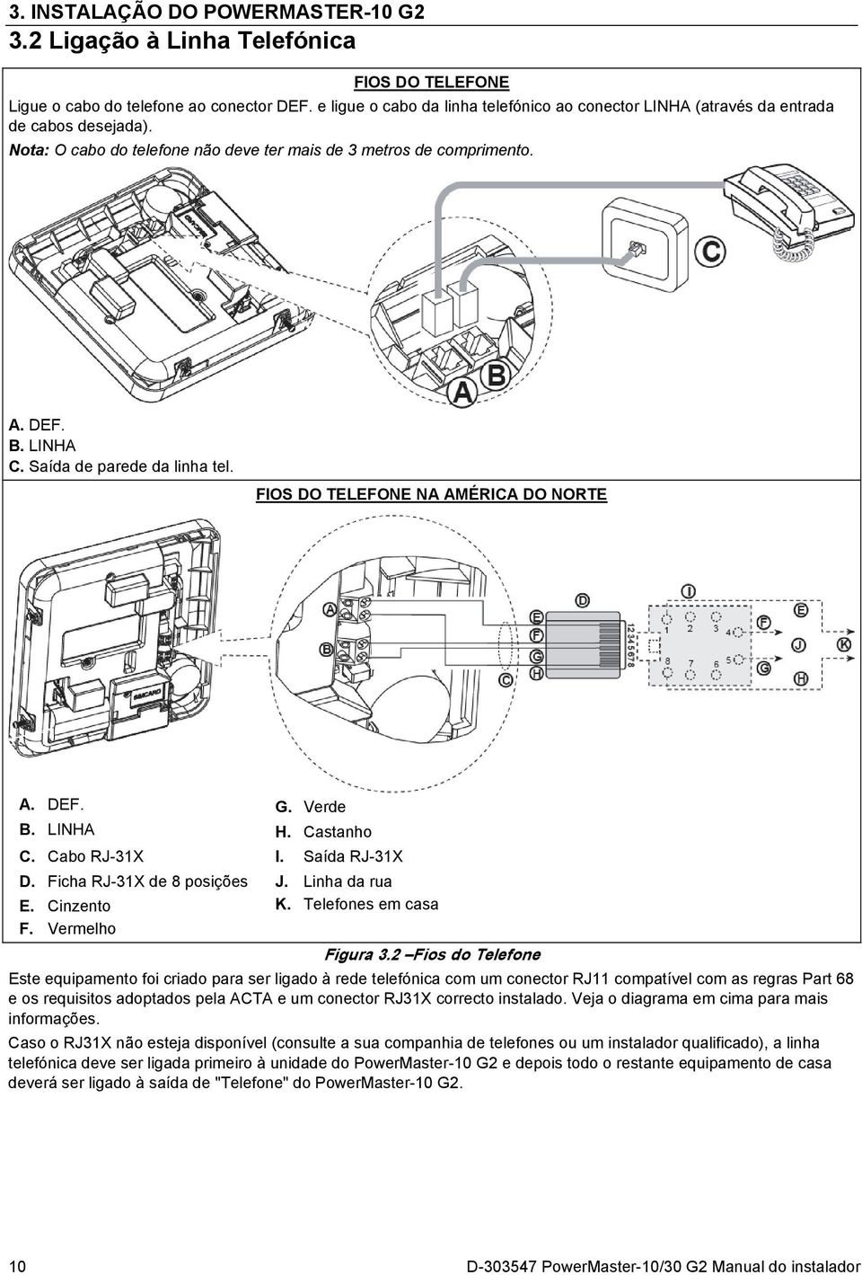 Saída de parede da linha tel. FIOS DO TELEFONE NA AMÉRICA DO NORTE A. DEF. G. Verde B. LINHA H. Castanho C. Cabo RJ-31X I. Saída RJ-31X D. Ficha RJ-31X de 8 posições J. Linha da rua E. Cinzento K.