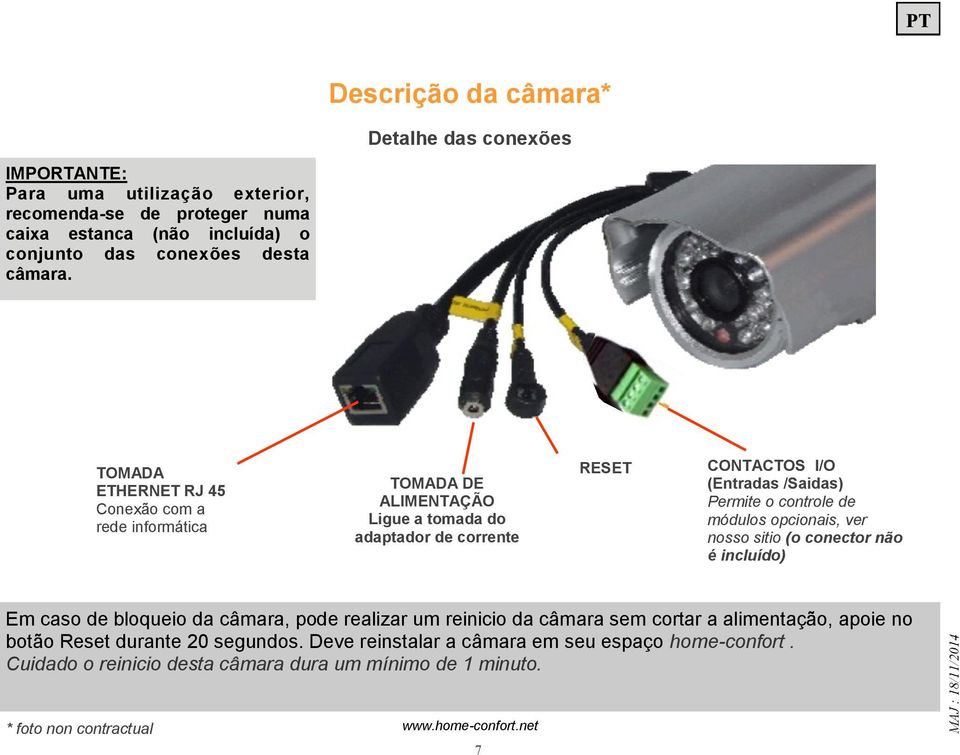 TOMADA ETHERNET RJ 45 Conexão com a rede informática TOMADA DE ALIMENTAÇÃO Ligue a tomada do adaptador de corrente RESET CONTACTOS I/O (Entradas /Saidas) Permite o controle