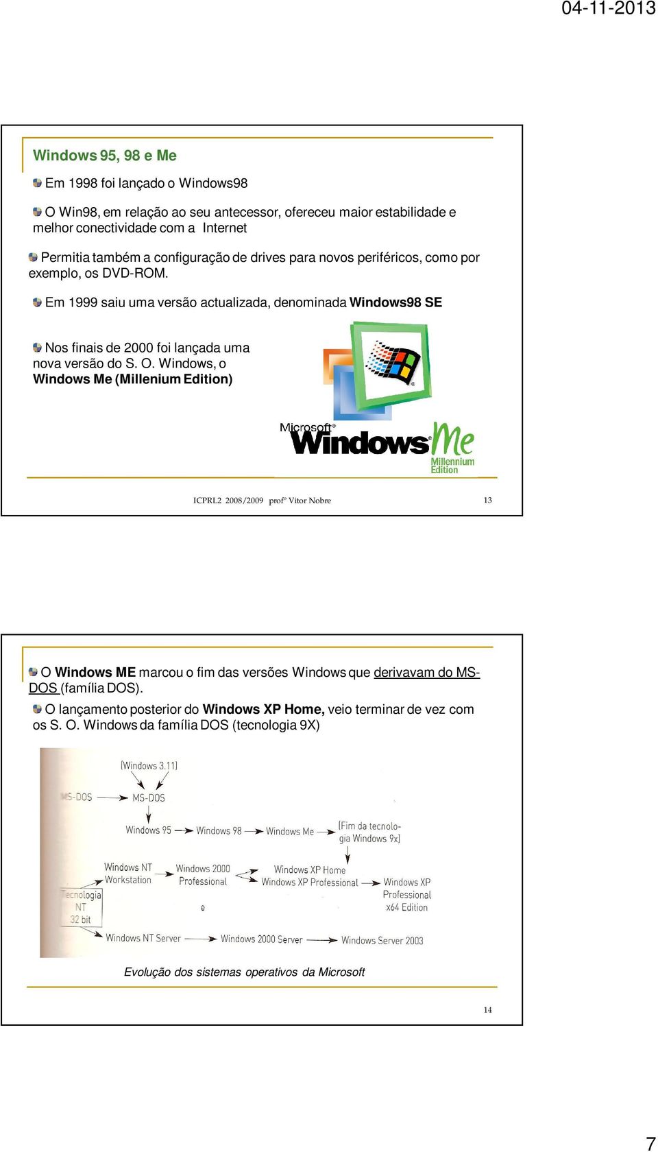Em 1999 saiu uma versão actualizada, denominada Windows98 SE Nos finais de 2000 foi lançada uma nova versão do S. O.