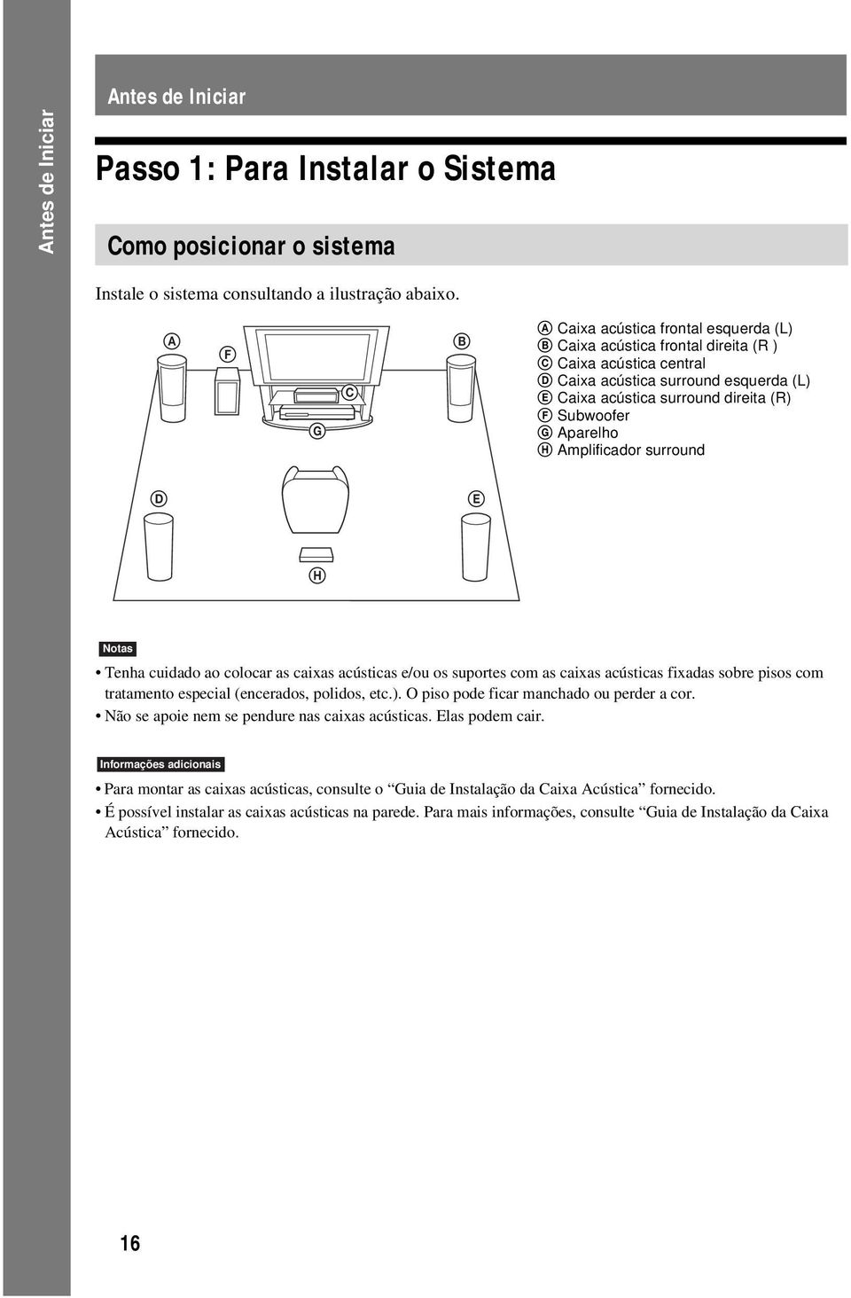 G Aparelho H Amplificador surround D E H Notas Tenha cuidado ao colocar as caixas acústicas e/ou os suportes com as caixas acústicas fixadas sobre pisos com tratamento especial (encerados, polidos,