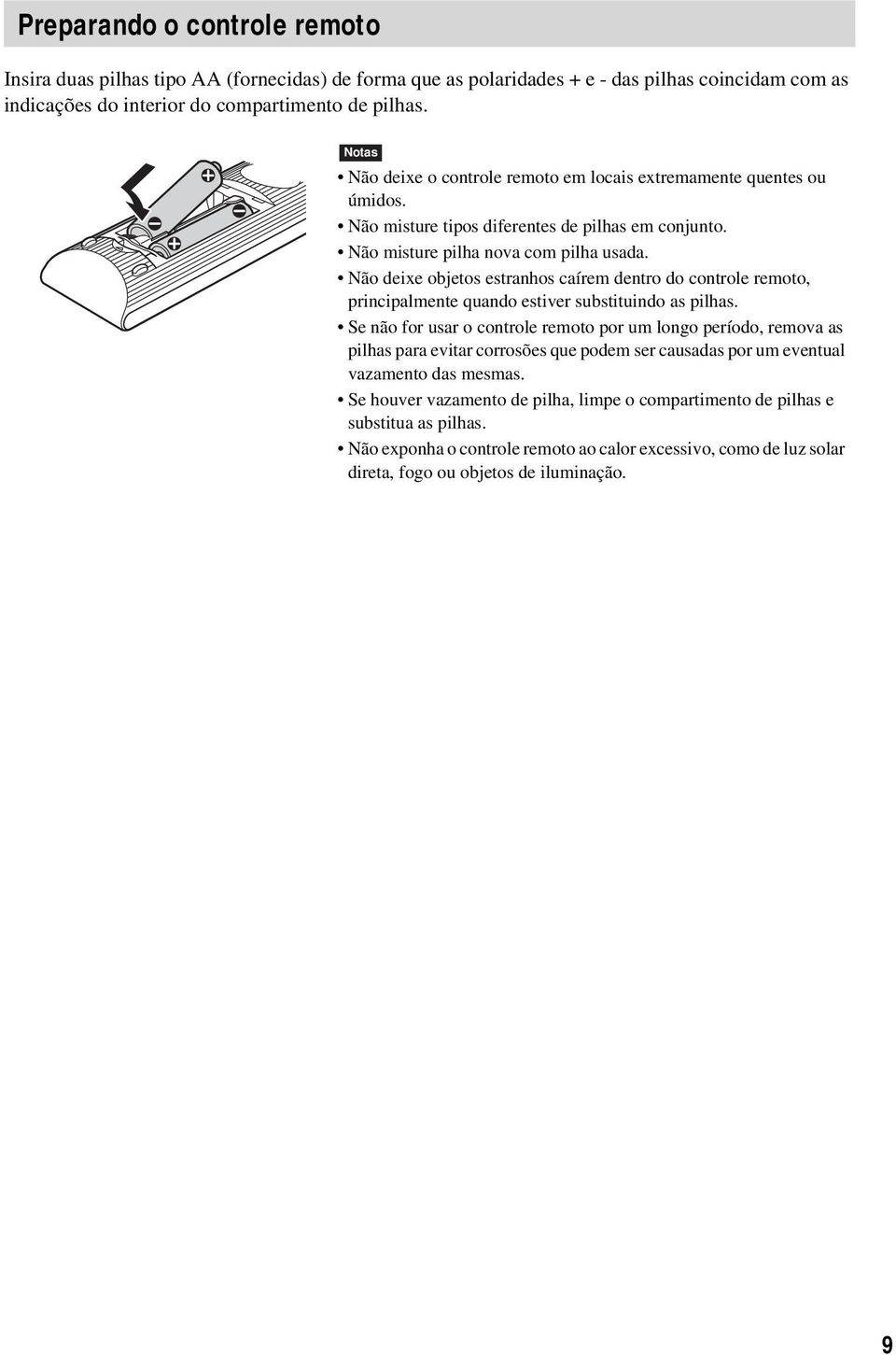 Não deixe objetos estranhos caírem dentro do controle remoto, principalmente quando estiver substituindo as pilhas.