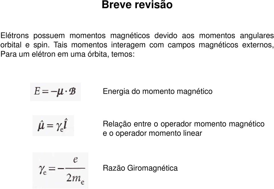 Tais momentos interagem com campos magnéticos externos, Para um elétron em