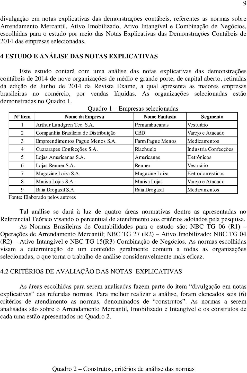 4 ESTUDO E ANÁLISE DAS NOTAS EXPLICATIVAS Este estudo contará com uma análise das notas explicativas das demonstrações contábeis de 2014 de nove organizações de médio e grande porte, de capital