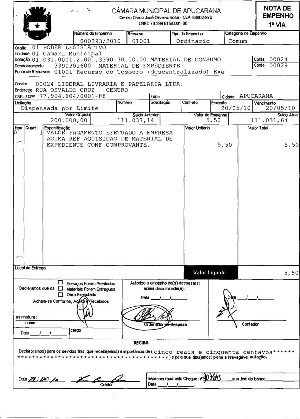 00024 LBERAL LVRARA E PAPELARA LTDA. Endereço RUA OSVALDO CRUZ CENTRO CNPJCPF 77.994.804/0001-88 Licitação Número Dispensada por Limite Valor Orçado 200.000,00 Rem Quant.