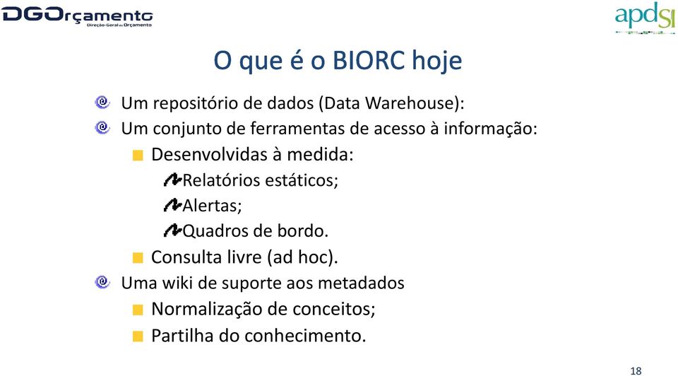 Alertas; Quadros de bordo. Consulta livre (ad hoc).