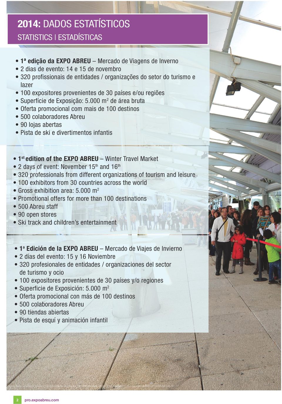 000 m2 de área bruta Oferta promocional com mais de 100 destinos 500 colaboradores Abreu 90 lojas abertas Pista de ski e divertimentos infantis 1st edition of the EXPO ABREU Winter Travel Market 2