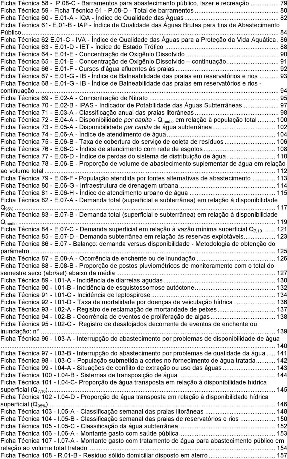 01-C - IVA - Índice de Qualidade das Águas para a Proteção da Vida Aquática. 86 Ficha Técnica 63 - E.01-D - IET - Índice de Estado Trófico... 88 Ficha Técnica 64 - E.