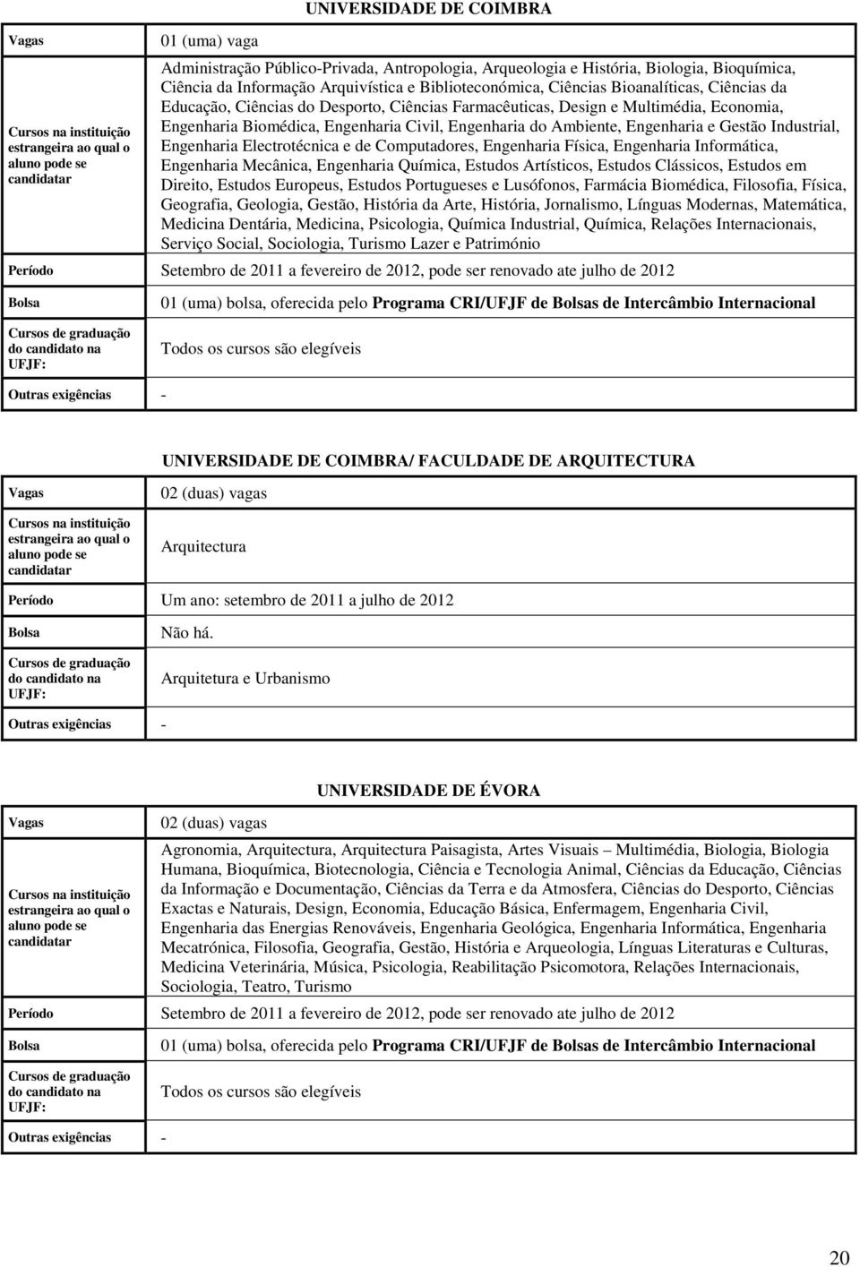 Industrial, Engenharia Electrotécnica e de Computadores, Engenharia Física, Engenharia Informática, Engenharia Mecânica, Engenharia Química, Estudos Artísticos, Estudos Clássicos, Estudos em Direito,