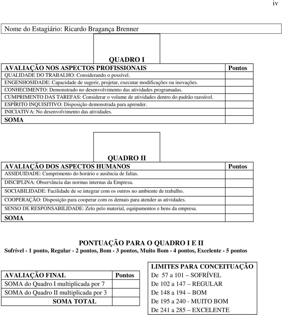 CUMPRIMENTO DAS TAREFAS: Considerar o volume de atividades dentro do padrão razoável. ESPÍRITO INQUISITIVO: Disposição demonstrada para aprender. INICIATIVA: No desenvolvimento das atividades.