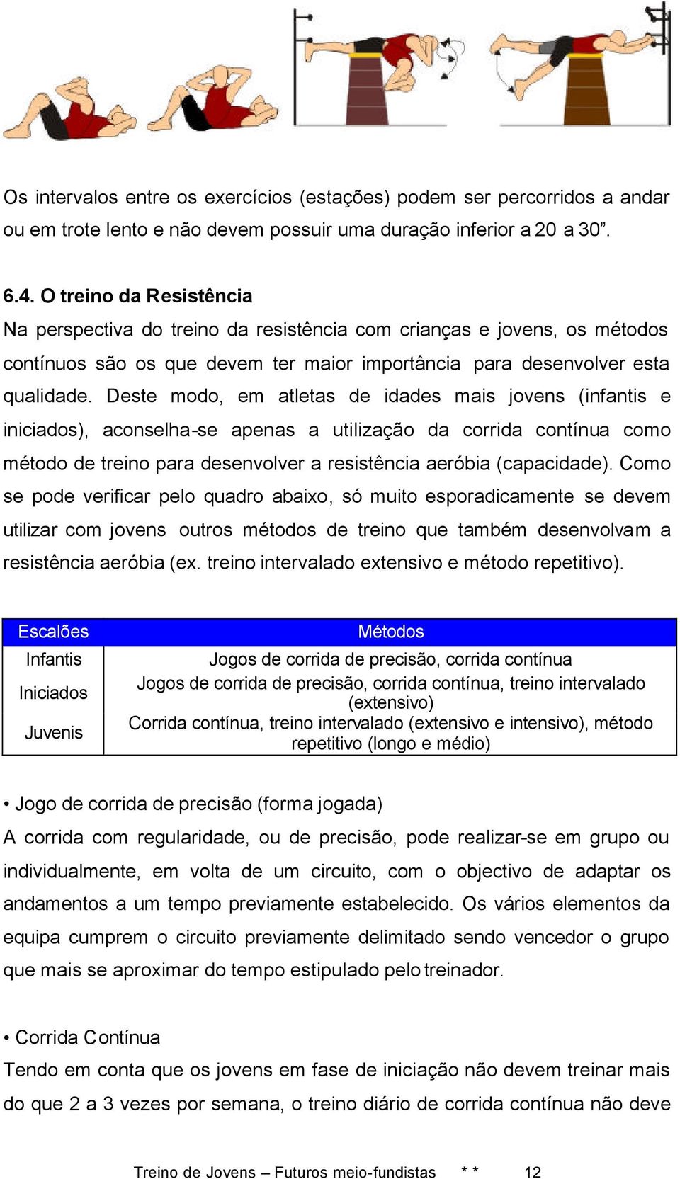 Deste modo, em atletas de idades mais jovens (infantis e iniciados), aconselha-se apenas a utilização da corrida contínua como método de treino para desenvolver a resistência aeróbia (capacidade).