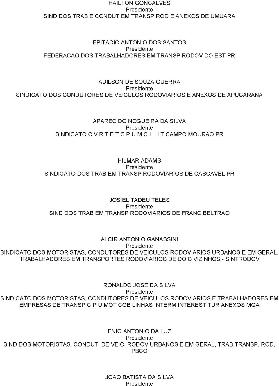 CASCAVEL PR JOSIEL TADEU TELES SIND DOS TRAB EM TRANSP RODOVIARIOS DE FRANC BELTRAO ALCIR ANTONIO GANASSINI SINDICATO DOS MOTORISTAS, CONDUTORES DE VEICULOS RODOVIARIOS URBANOS E EM GERAL,