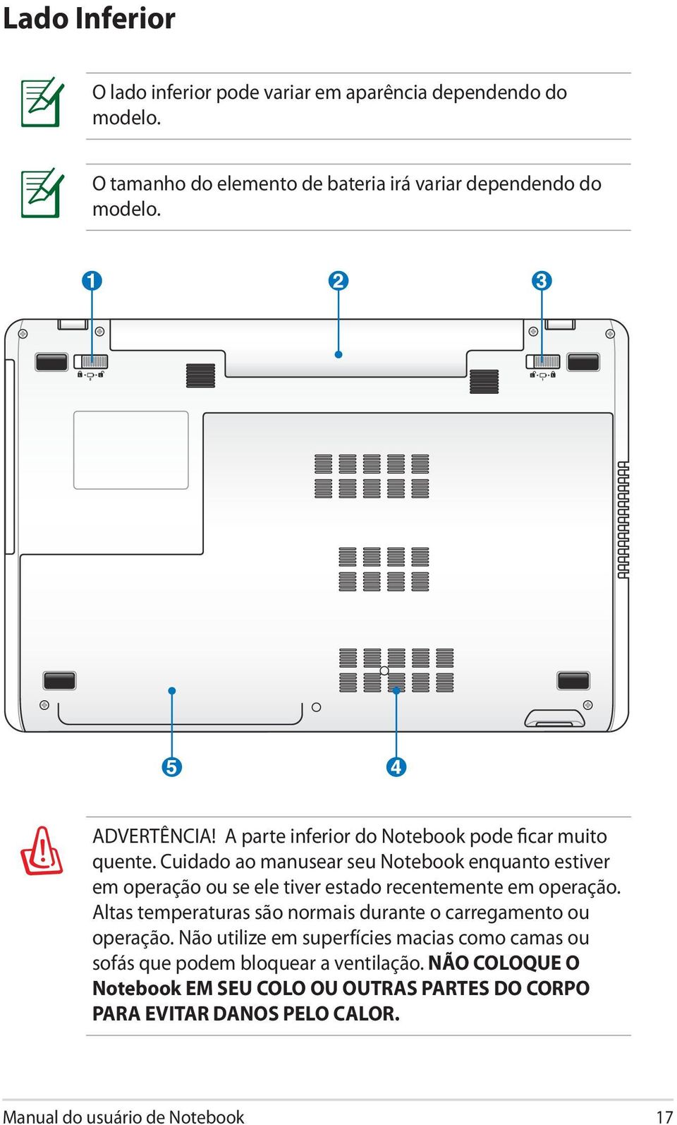 Cuidado ao manusear seu Notebook enquanto estiver em operação ou se ele tiver estado recentemente em operação.