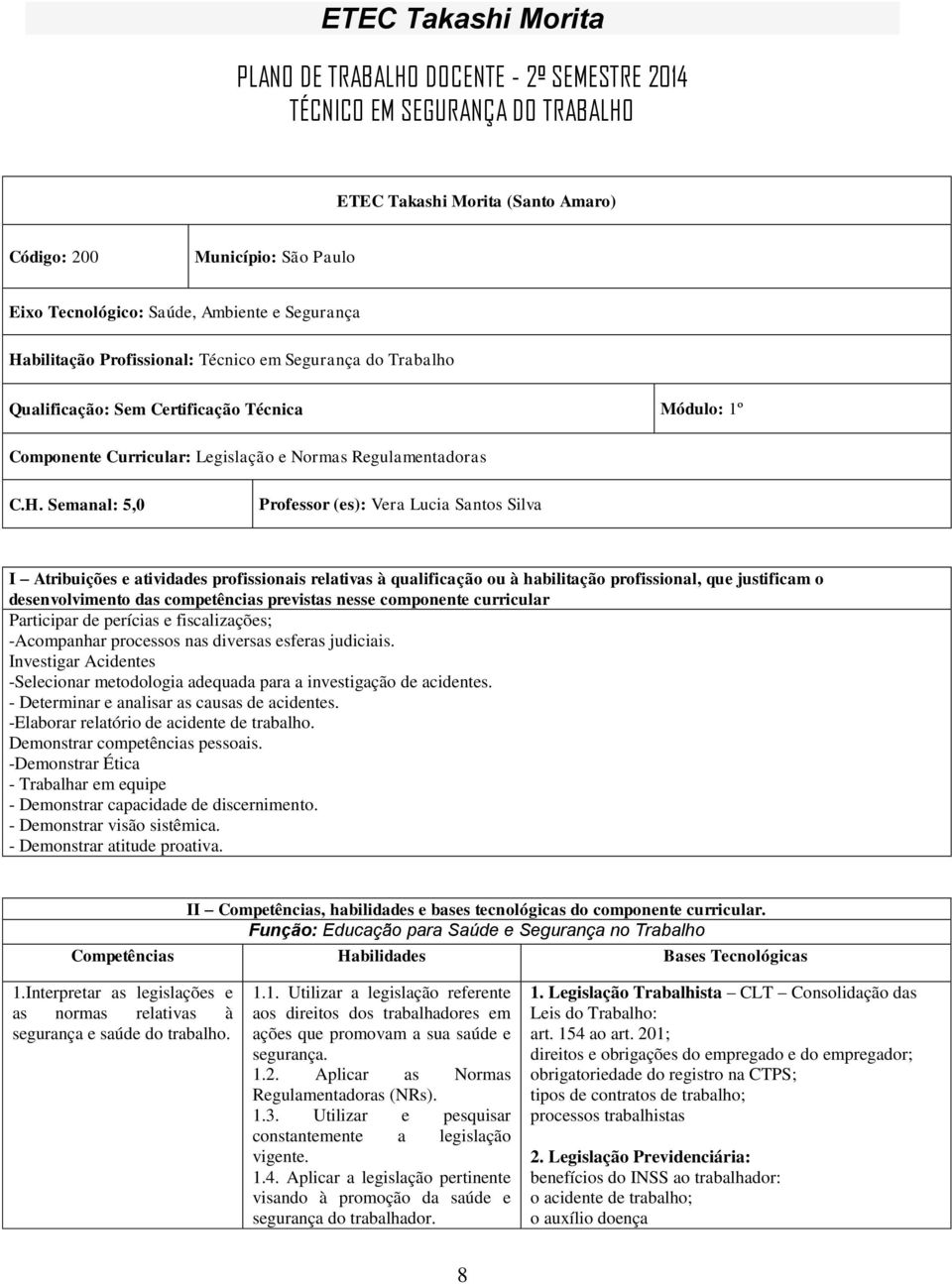 bilitação Profissional: Técnico em Segurança do Trabalho Qualificação: Sem Certificação Técnica Módulo: 1º Componente Curricular: Legislação e Normas Regulamentadoras C.H.