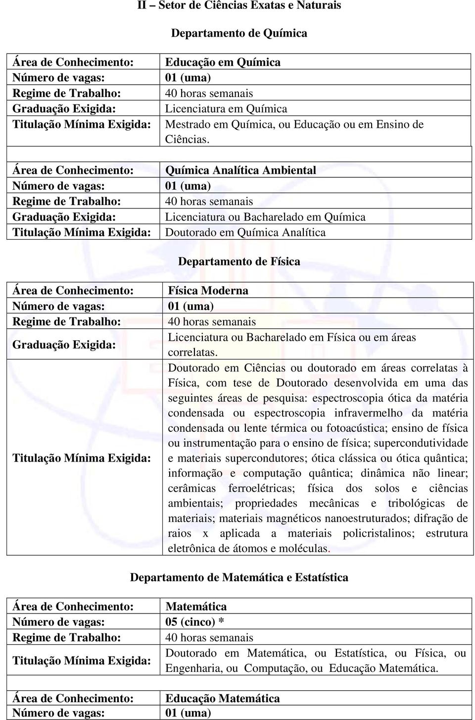 Doutorado em Ciências ou doutorado em áreas correlatas à Física, com tese de Doutorado desenvolvida em uma das seguintes áreas de pesquisa: espectroscopia ótica da matéria condensada ou