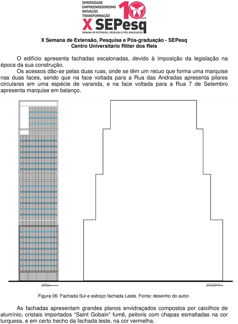 circulares em uma espécie de varanda, e na face voltada para a Rua 7 de Setembro apresenta marquise em balanço. Figura 06: Fachada Sul e esboço fachada Leste.