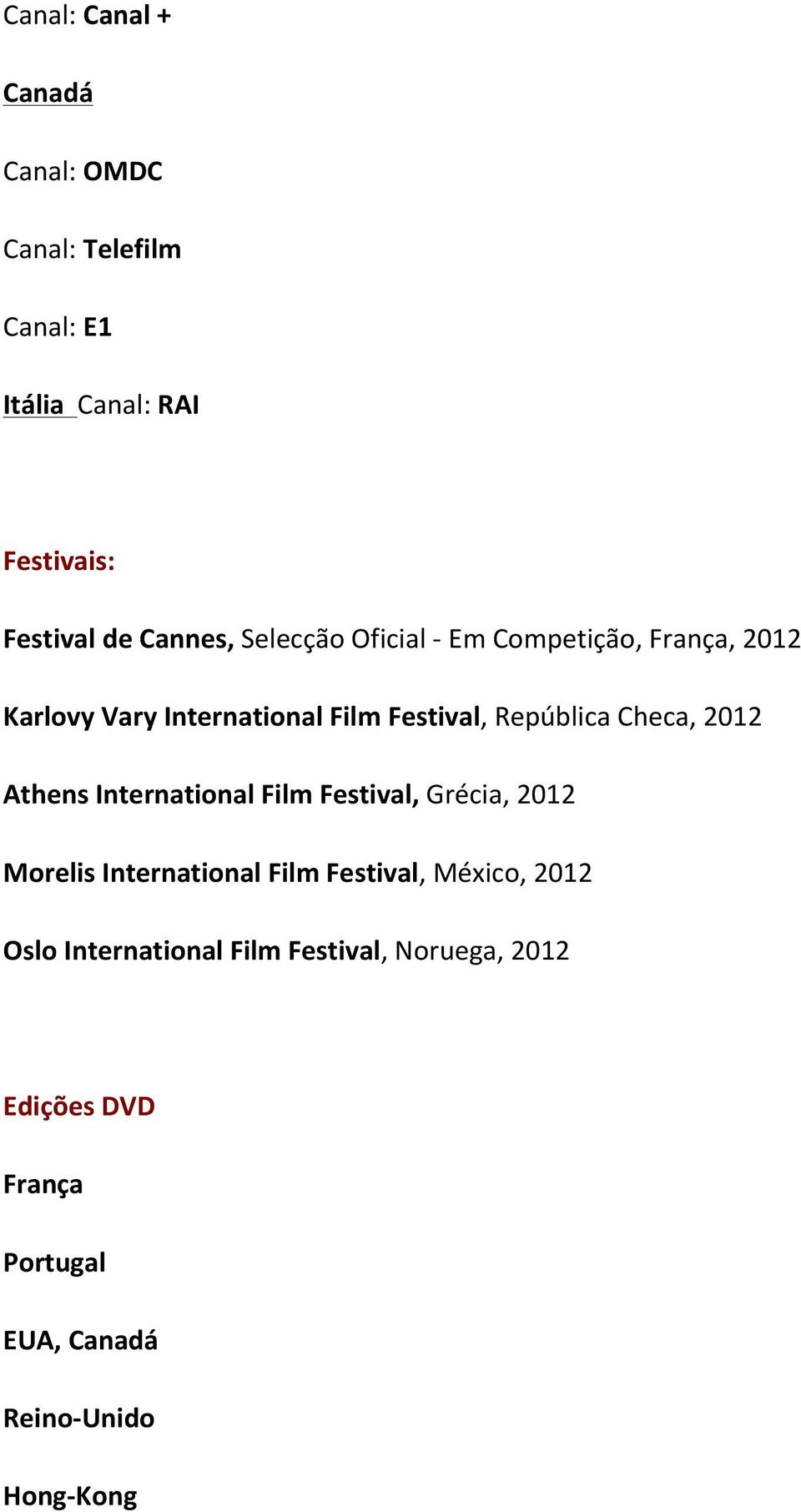 Checa, 2012 Athens International Film Festival, Grécia, 2012 Morelis International Film Festival, México,