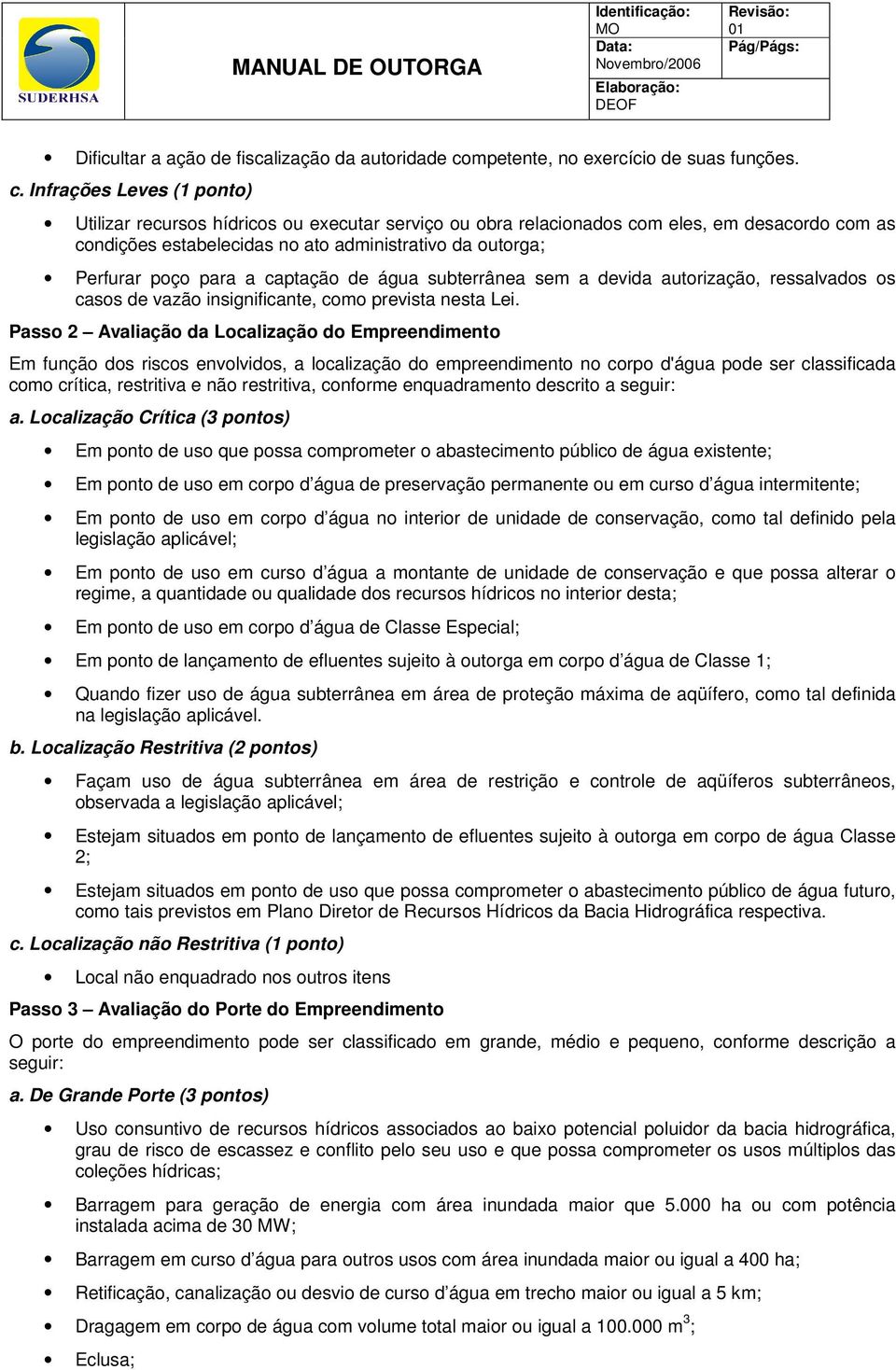 Infrações Leves (1 ponto) Utilizar recursos hídricos ou executar serviço ou obra relacionados com eles, em desacordo com as condições estabelecidas no ato administrativo da outorga; Perfurar poço