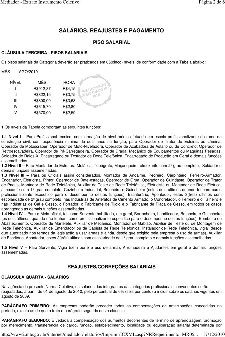 1 Nível I Para Profissional técnico, com formação de nível médio efetuada em escola profissionalizante do ramo da construção civil, com experiência mínima de dois anos na função, para Operador de