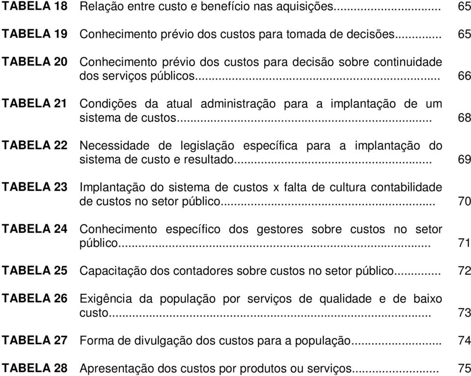 .. 68 TABELA 22 Necessidade de legislação específica para a implantação do sistema de custo e resultado.