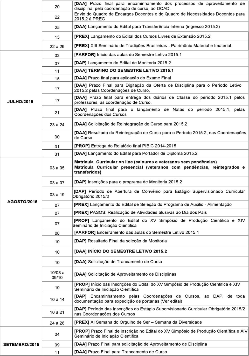 2) 15 [PREX] Lançamento do Edital dos Cursos Livres de Extensão 2015.2 22 a 26 [PREX] XIII Seminário de Tradições Brasileiras - Patrimônio Material e Imaterial.