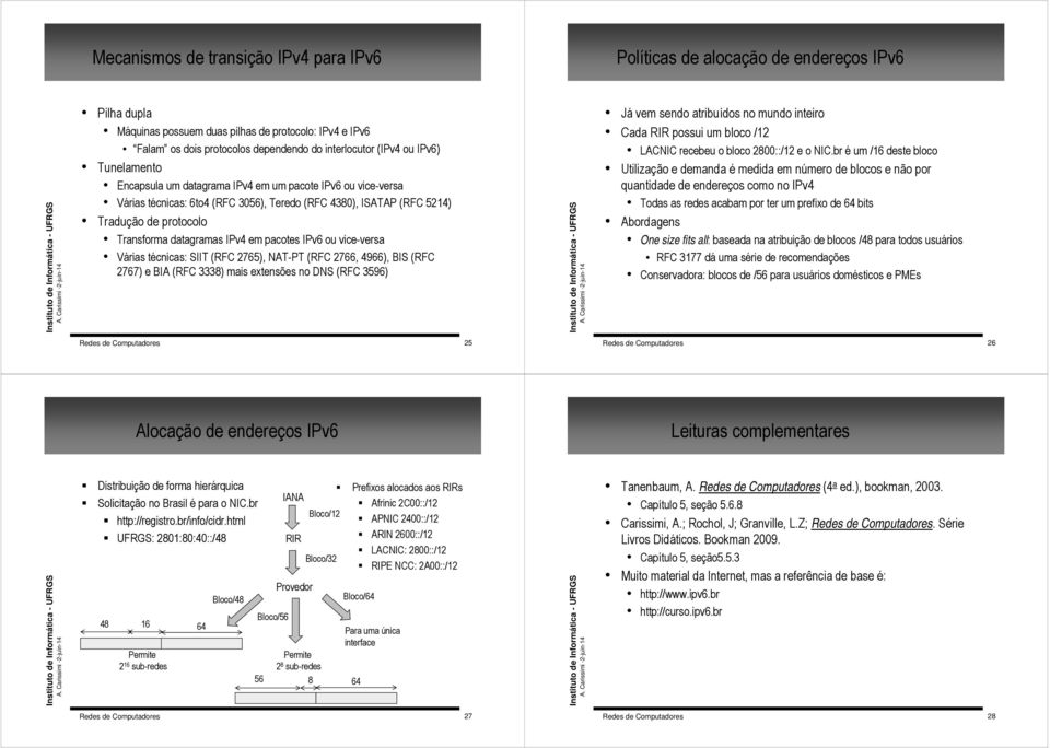 Transforma datagramas IPv4 em pacotes IPv6 ou vice-versa Várias técnicas: SIIT (RFC 2765), NAT-PT (RFC 2766, 4966), BIS (RFC 2767) e BIA (RFC 3338) mais extensões no DNS (RFC 3596) Já vem sendo