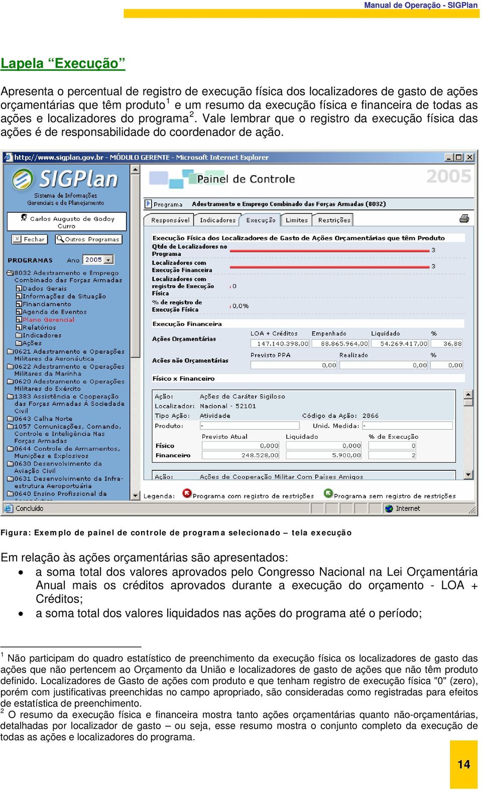 Figura: Exemplo de painel de controle de programa selecionado tela execução Em relação às ações orçamentárias são apresentados: a soma total dos valores aprovados pelo Congresso Nacional na Lei