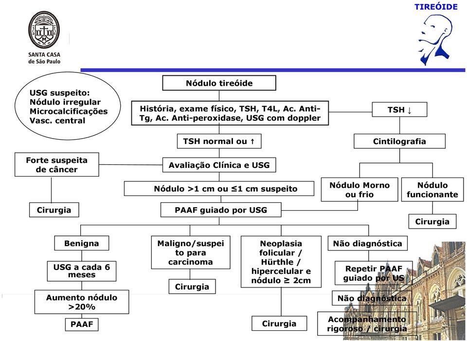 Anti-peroxidase, USG com doppler TSH normal ou Avaliação Clínica e USG TSH Cintilografia Nódulo >1 cm ou 1 cm suspeito Nódulo Morno ou frio Nódulo