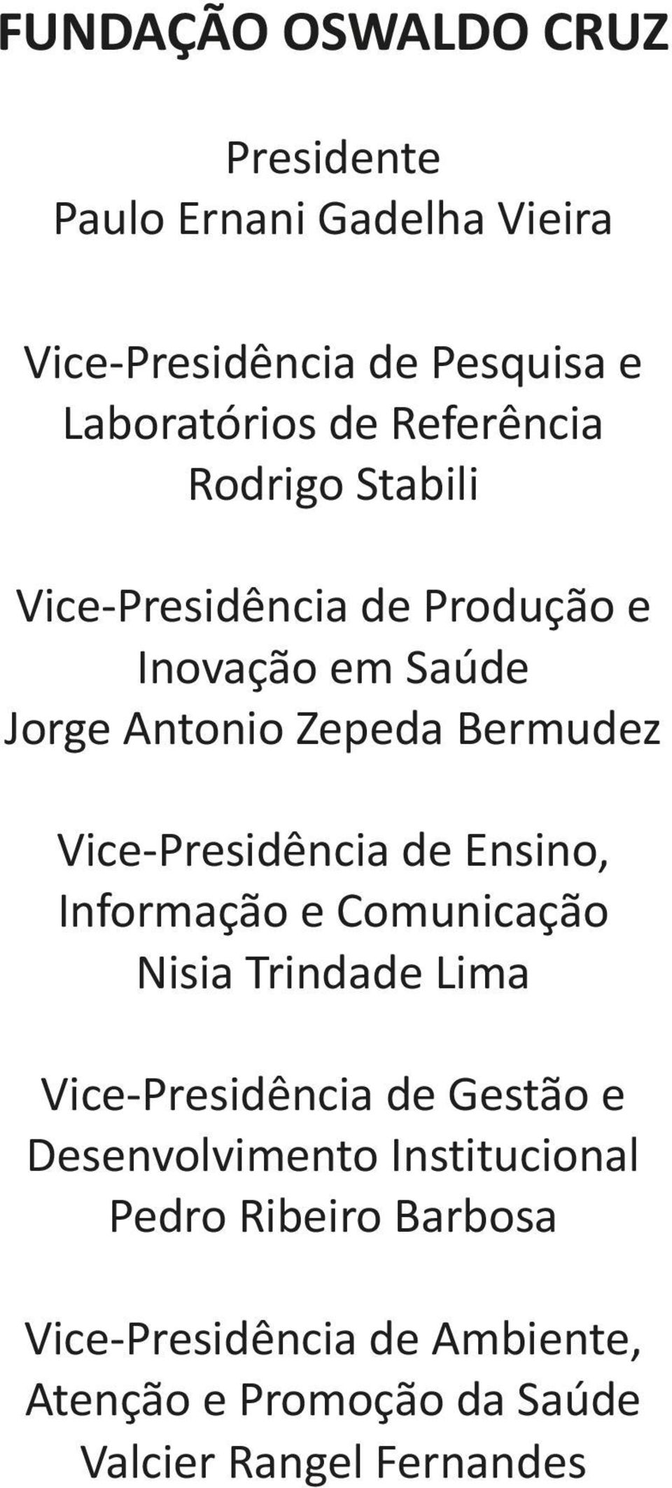 Vice-Presidência de Ensino, Informação e Comunicação Nisia Trindade Lima Vice-Presidência de Gestão e