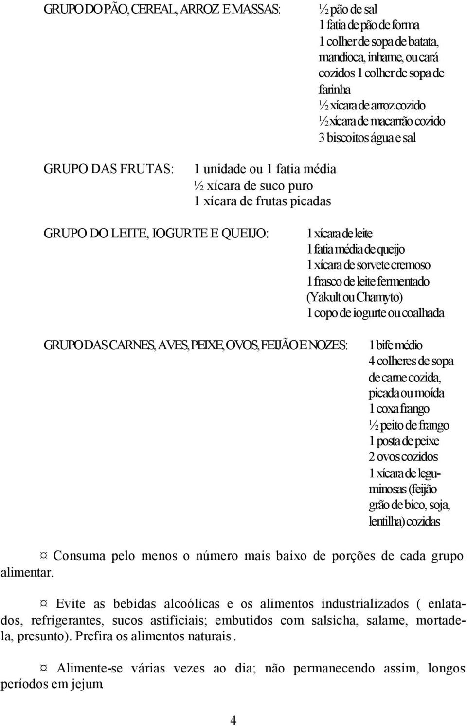 média de queijo 1 xícara de sorvete cremoso 1 frasco de leite fermentado (Yakult ou Chamyto) 1 copo de iogurte ou coalhada GRUPO DAS CARNES, AVES, PEIXE, OVOS, FEIJÃO E NOZES: 1 bife médio 4 colheres