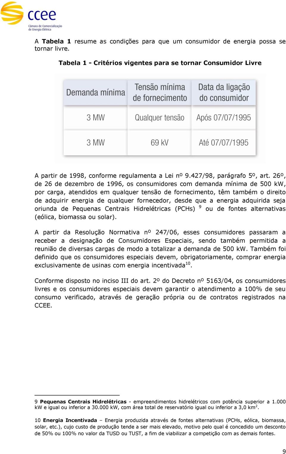 26º, de 26 de dezembro de 1996, os consumidores com demanda mínima de 500 kw, por carga, atendidos em qualquer tensão de fornecimento, têm também o direito de adquirir energia de qualquer fornecedor,