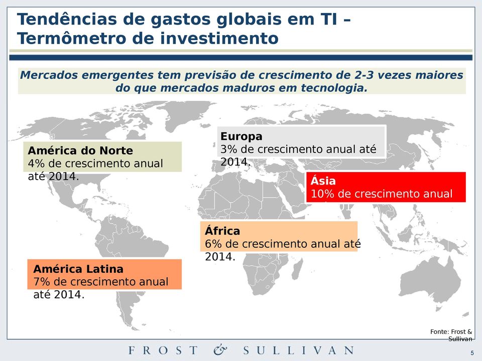 América do Norte 4% de crescimento anual até 2014. América Latina 7% de crescimento anual até 2014.