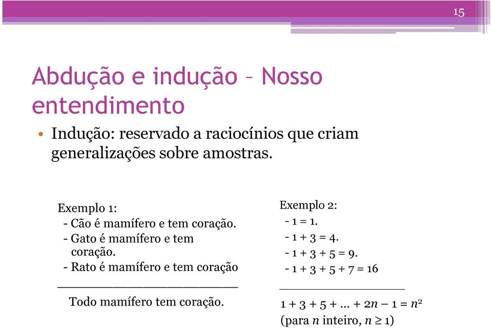 - Gato é mamífero e tem coração. - Rato é mamífero e tem coração Exemplo 2: - 1 = 1.