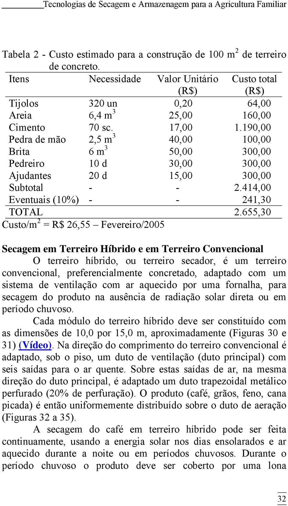 190,00 Pedra de mão 2,5 m 3 40,00 100,00 Brita 6 m 3 50,00 300,00 Pedreiro 10 d 30,00 300,00 Ajudantes 20 d 15,00 300,00 Subtotal - - 2.414,00 Eventuais (10%) - - 241,30 TOTAL 2.