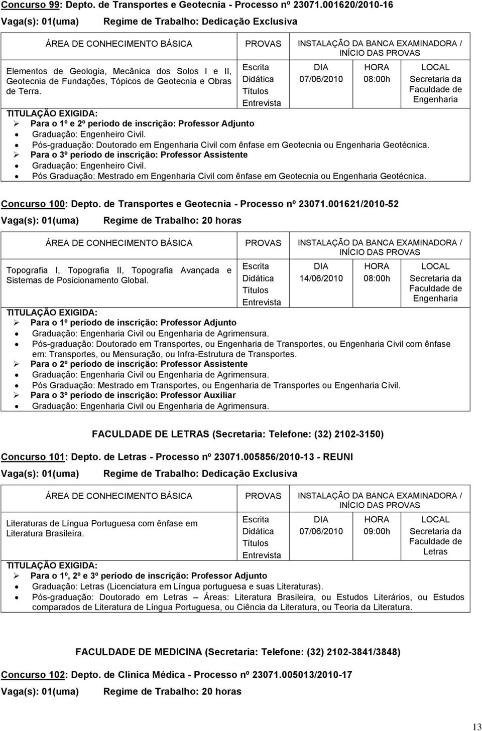 Pós Graduação: Mestrado em Engenharia Civil com ênfase em Geotecnia ou Engenharia Geotécnica. Engenharia Concurso 100: Depto. de Transportes e Geotecnia - Processo nº 23071.