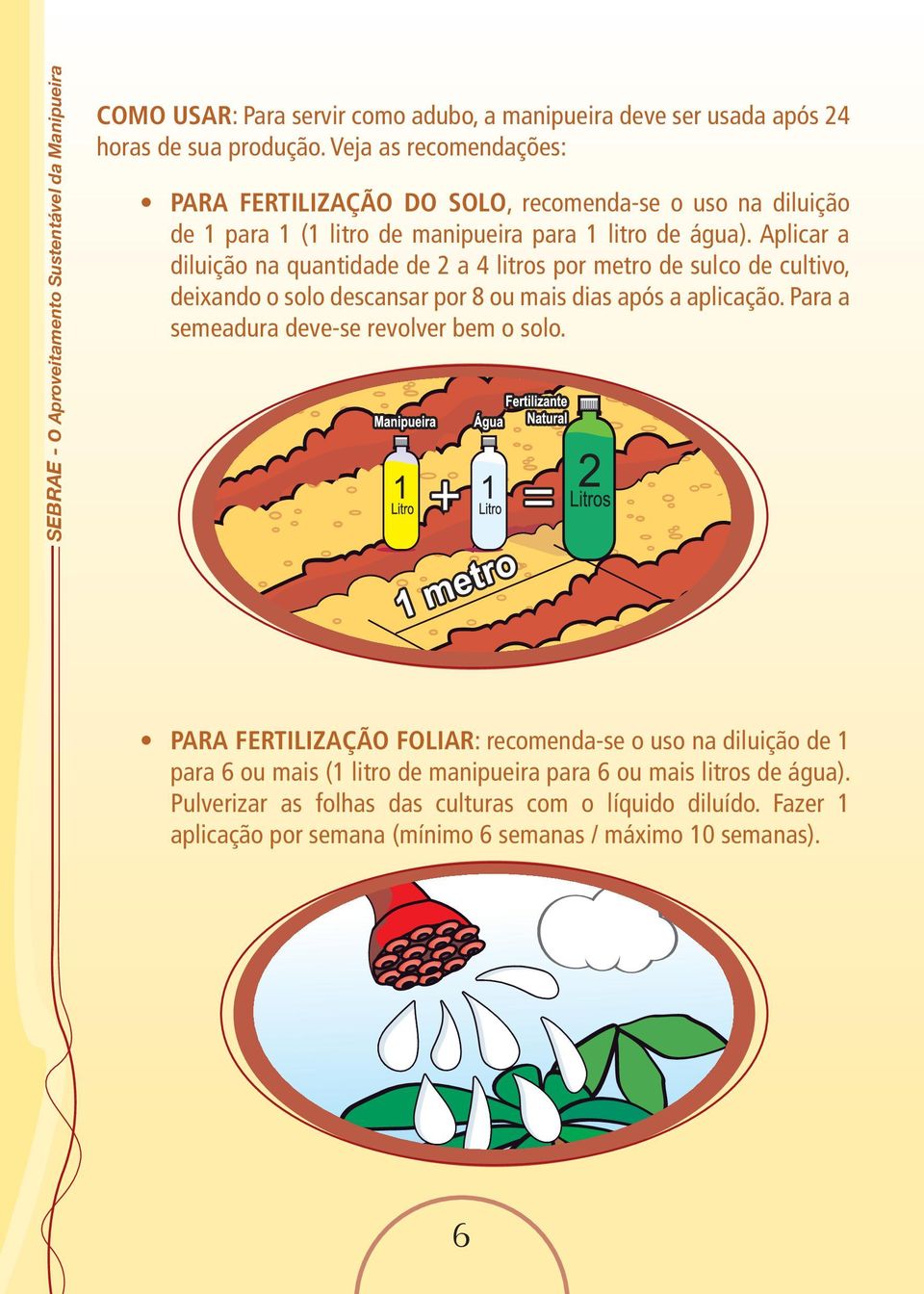 Aplicar a diluição na quantidade de 2 a 4 litros por metro de sulco de cultivo, deixando o solo descansar por 8 ou mais dias após a aplicação.