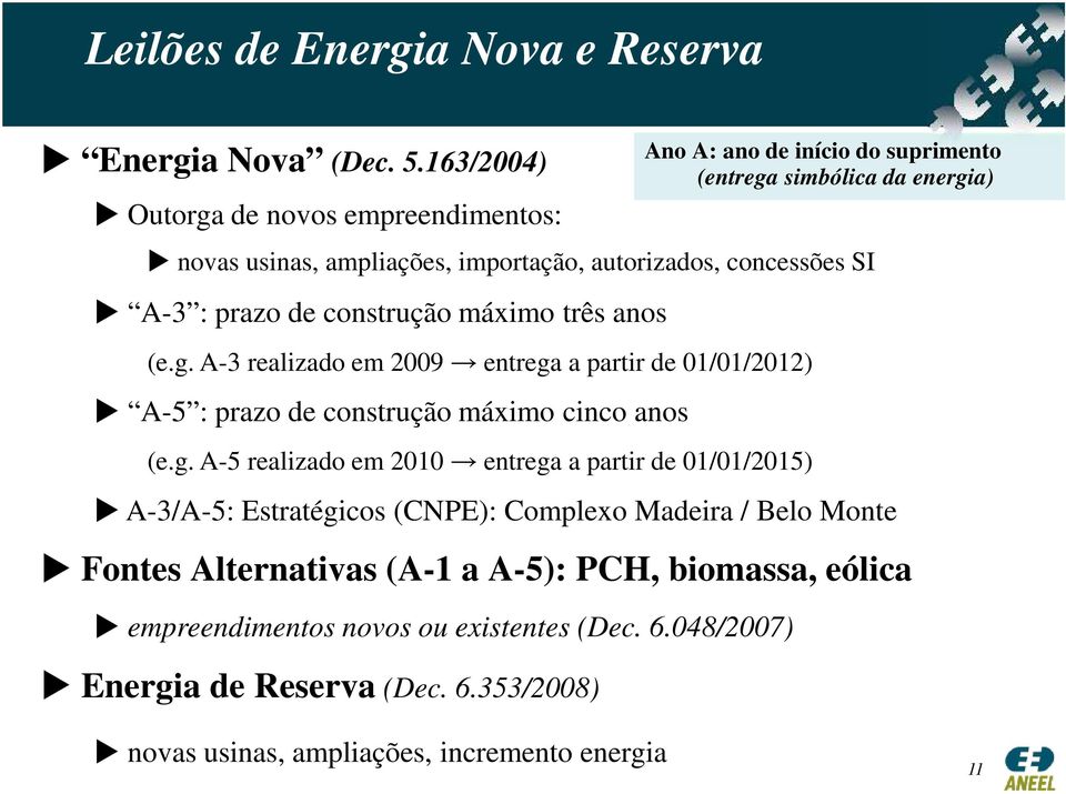 g. A-5 realizado em 2010 entrega a partir de 01/01/2015) A-3/A-5: Estratégicos (CNPE): Complexo Madeira / Belo Monte Fontes Alternativas (A-1 a A-5): PCH, biomassa, eólica